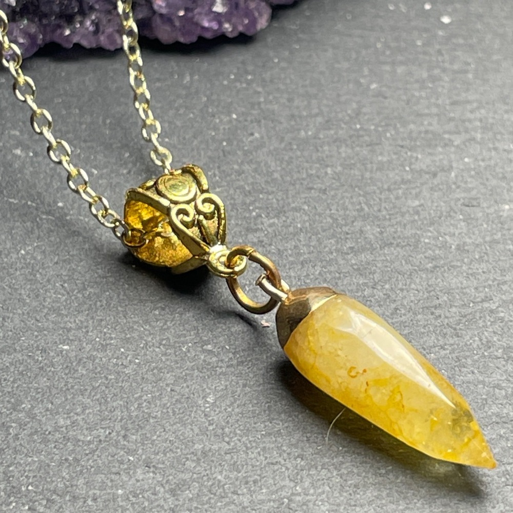 Yellow Jade Nugget Necklace Pendant Gold Plated Chain - Picture 9 of 15